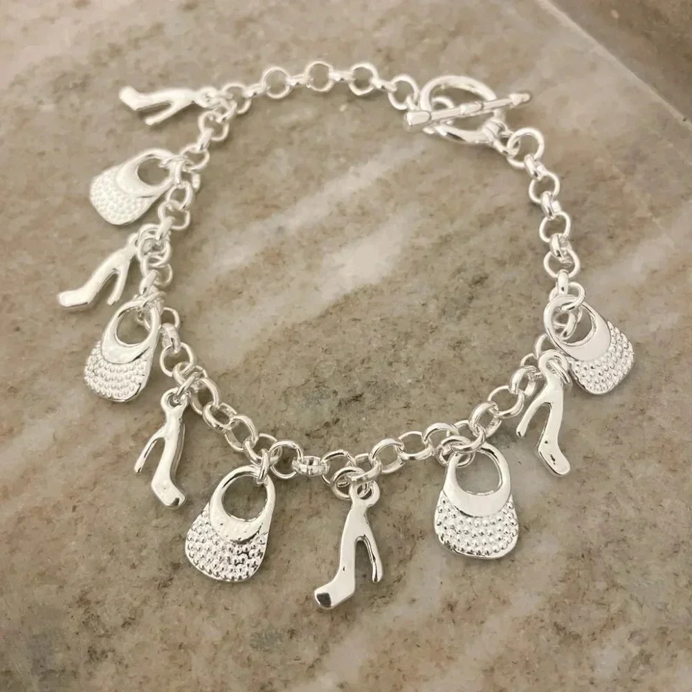 925 Sterling Silver Shoe Handbag Charm Bracelet Toggle Bracelet